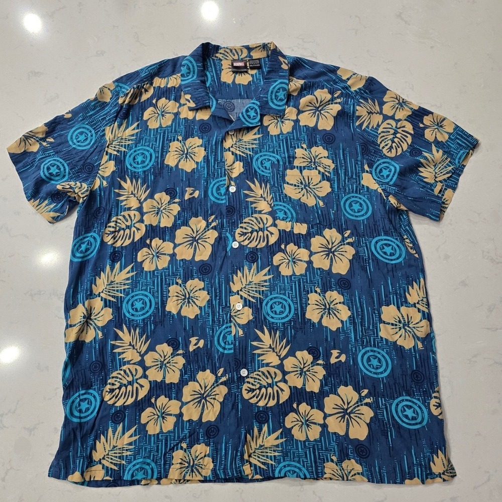 Marvel Captain America XXL Blue Floral Shield Rayon Camp Shirt Hawaiian